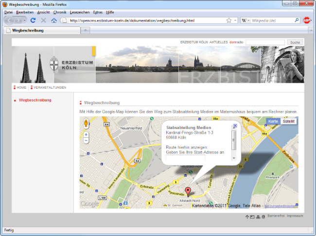 Das OpenCMS-Modul Google-Map im Einsatz